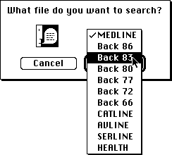 Figure 1, the File dialog box. Click the File button (or press command-F), choose a file to search from the pop-up menu, and click OK.